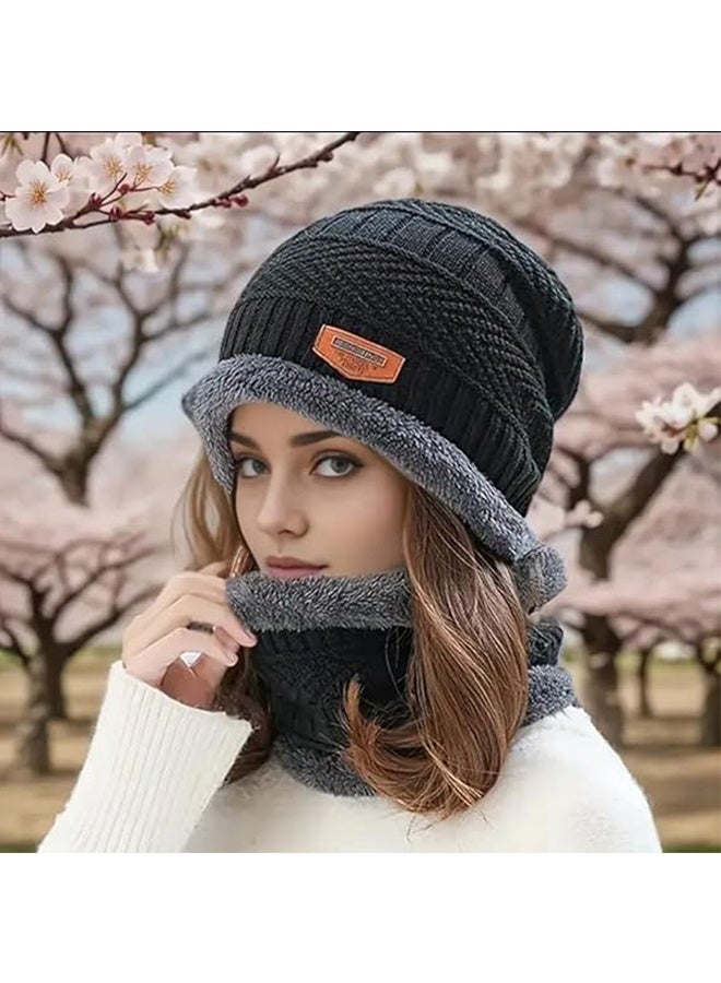 JS 2-Piece Stylish Winter Thick Hat, Hat Neck Warm Set, Men's and Women's Winter Knit Hat (Black) - Image 5