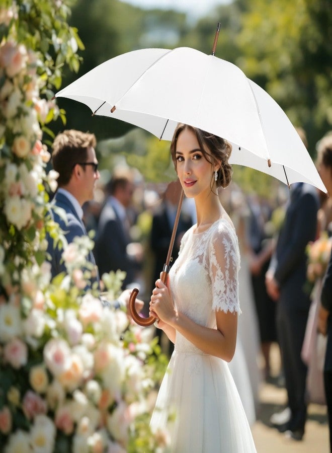 SoulRain 48" White Stick Umbrella - Large Windproof Wedding Umbrella for Rain, Automatic Open, Vintage Cane Umbrella with Wooden Handle & Shaft, Elegant Parasol for Women & Men(White) - Image 3