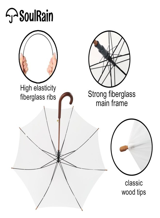 SoulRain 48" White Stick Umbrella - Large Windproof Wedding Umbrella for Rain, Automatic Open, Vintage Cane Umbrella with Wooden Handle & Shaft, Elegant Parasol for Women & Men(White) - Image 5