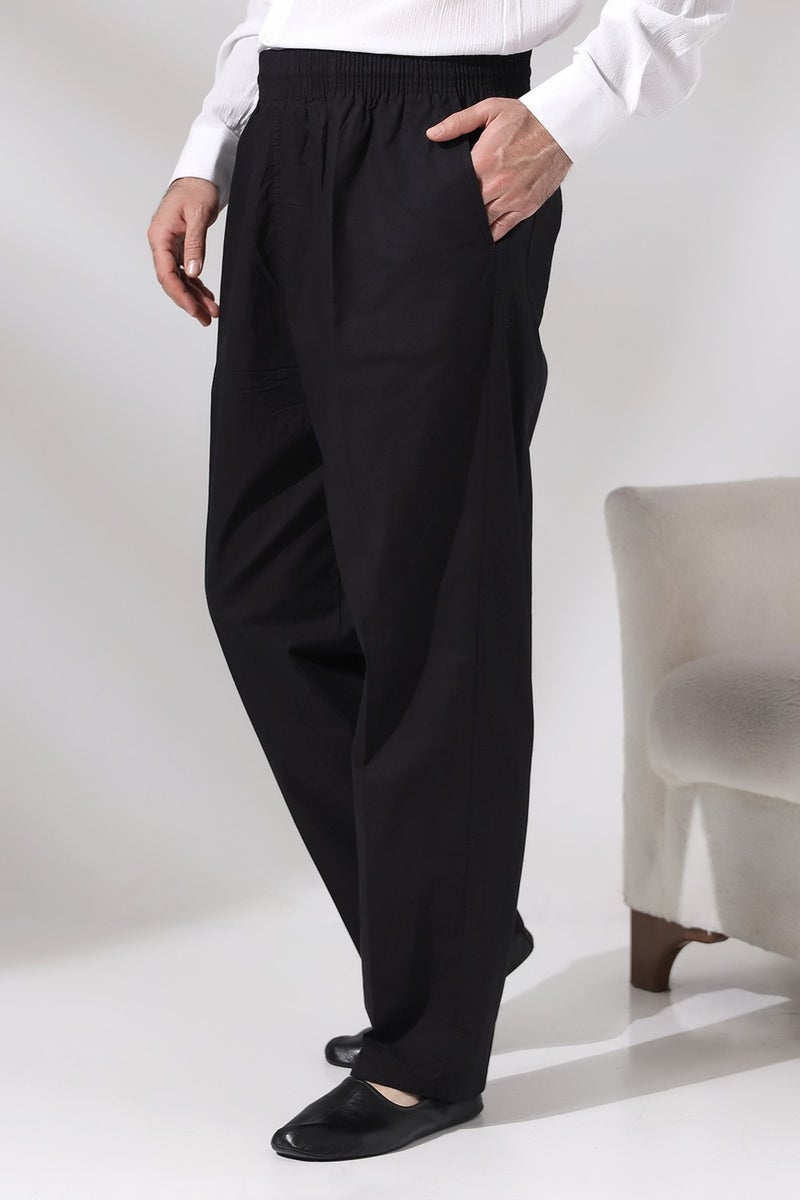İhvan Online Men's Black Çınar Casual Cut Elastic Waist Hajj and Umrah Linen Shalwar Trousers  - Image 2