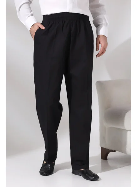 İhvan Online Men's Black Çınar Casual Cut Elastic Waist Hajj and Umrah Linen Shalwar Trousers