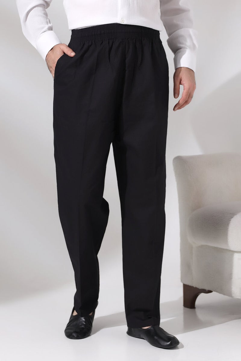 İhvan Online Men's Black Çınar Casual Cut Elastic Waist Hajj and Umrah Linen Shalwar Trousers  - Image 1