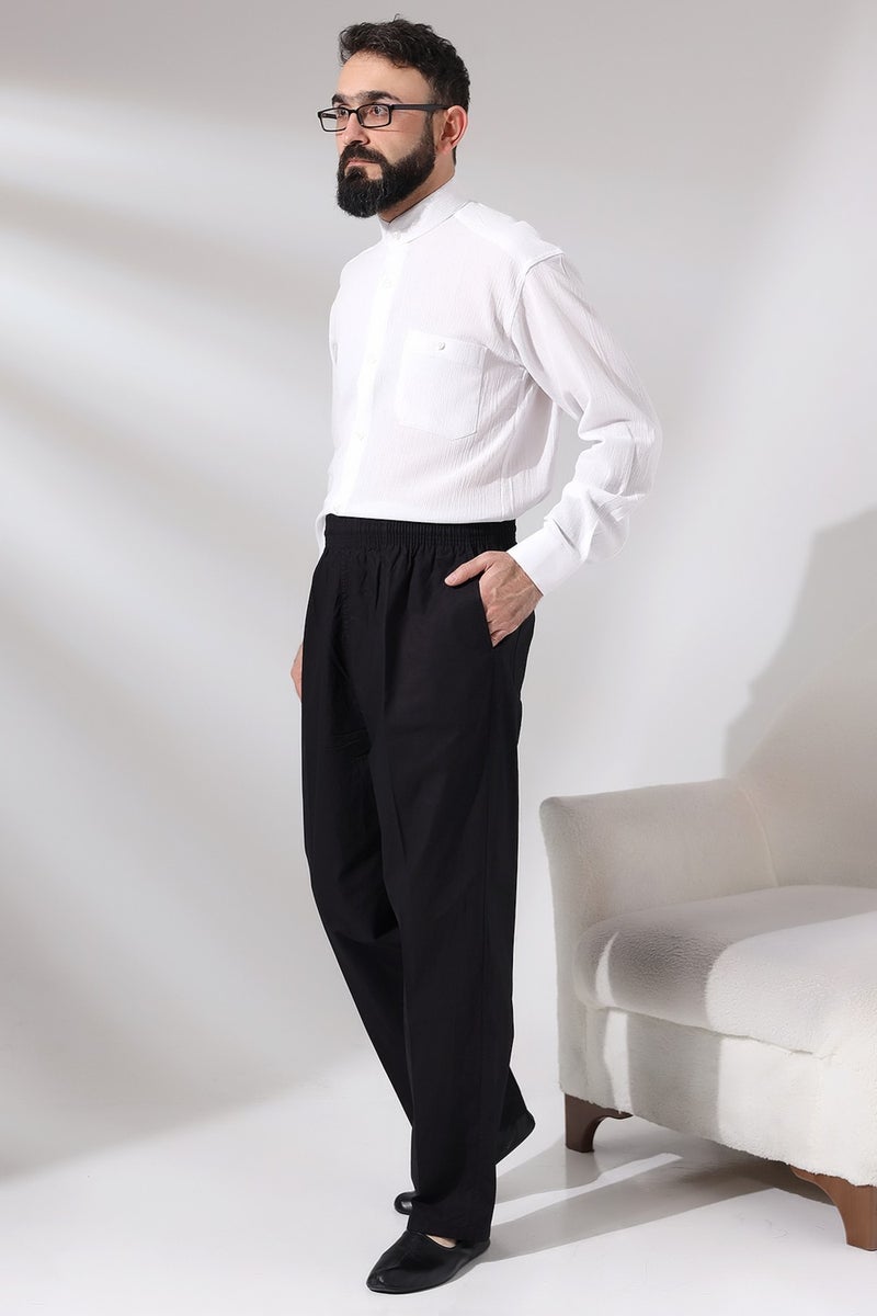 İhvan Online Men's Black Çınar Casual Cut Elastic Waist Hajj and Umrah Linen Shalwar Trousers  - Image 5