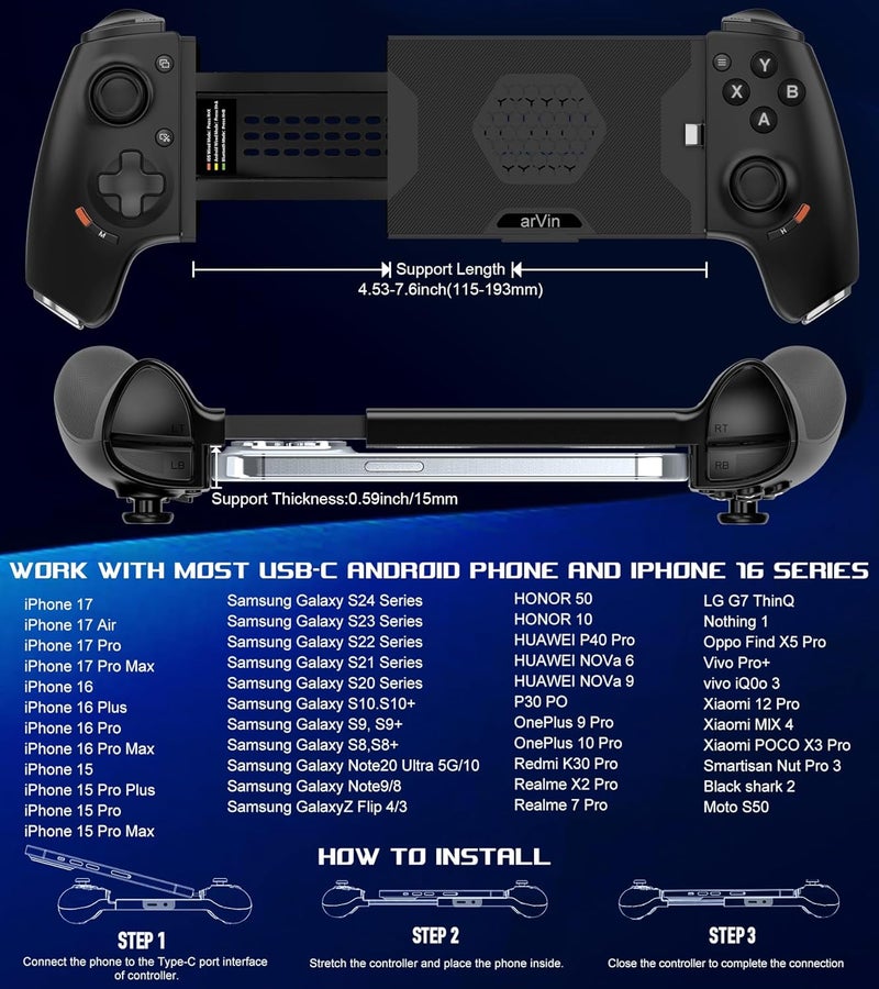 arVin Mobile Gaming Controller for Android and iPhone 15/16 Series(USB-C), Wireless Phone Controller with Hall Effect Joystick - Xbox Cloud/Steam Link/GeForce Now, Call of Duty, 3.5mm Audio Jack - Image 5