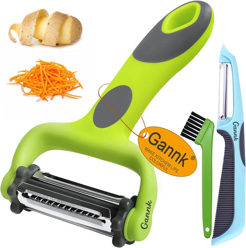 Gannk مقشرات البطاطس والتفاح والخضروات من للمطبخ، مقشرات I و Y للفواكه والخضروات والبطاطس والجزر والخيار، تصميم شفرة دوارة 3 في 1 مع وظيفة التقطيع إلى شرائح رفيعة - Image 1