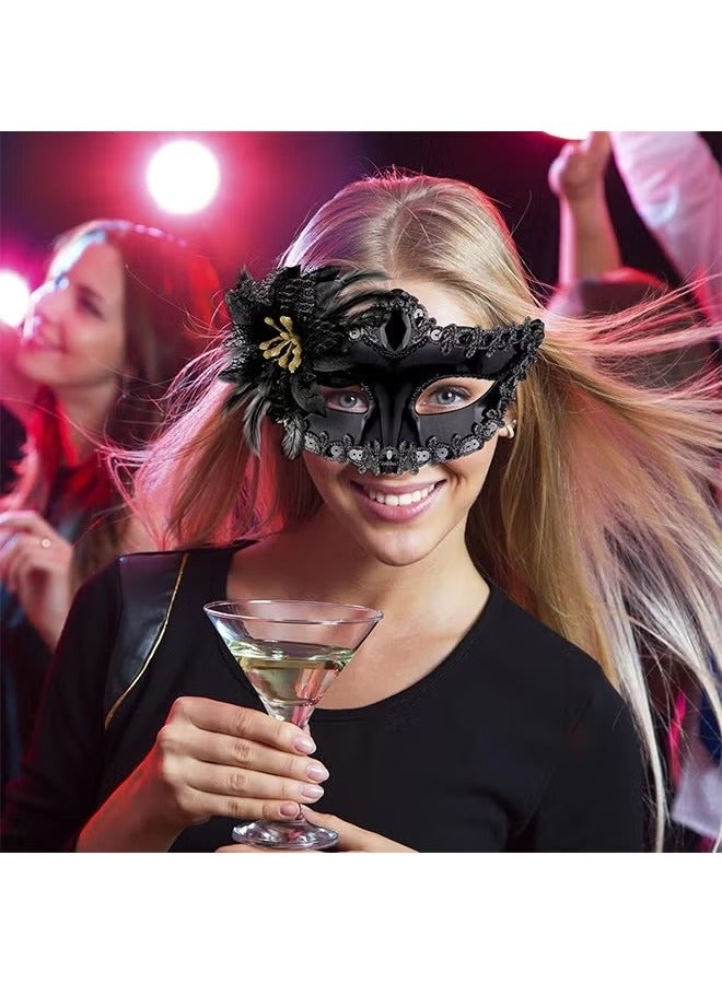 2 Pcs Couple Masquerade Mask Set Venetian Party Mask Mardi Gras Mask Costume Mask Fancy Dress Mask for Women Men (Black) - Image 5