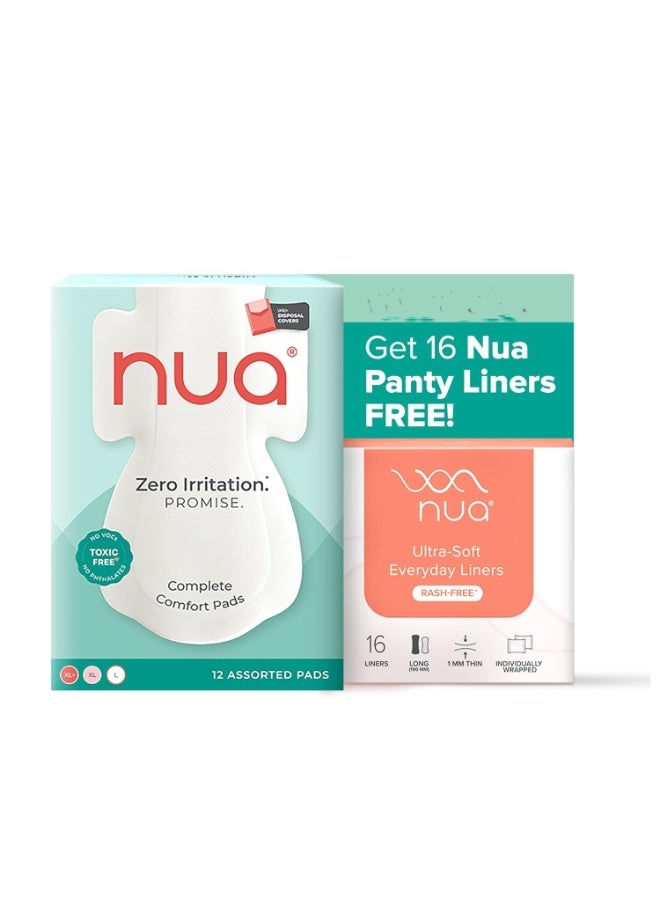 نوا مجموعة فوط صحية Nua Complete Comfort | ١٢ فوطة للاستخدام اليومي (مقاسات ٣XL+، ٥XL، ٤L) + ١٦ فوطة يومية مجانية | لا تسبب أي تهيج | راحة فائقة، رقيقة للغاية وجيدة التهوية | ١٠٠٪ | أغطية للتخلص من الفوط الصحية متضمنة | بطانات للإفرازات، والتبقيع، ودعم السدادات القطنية - Image 1