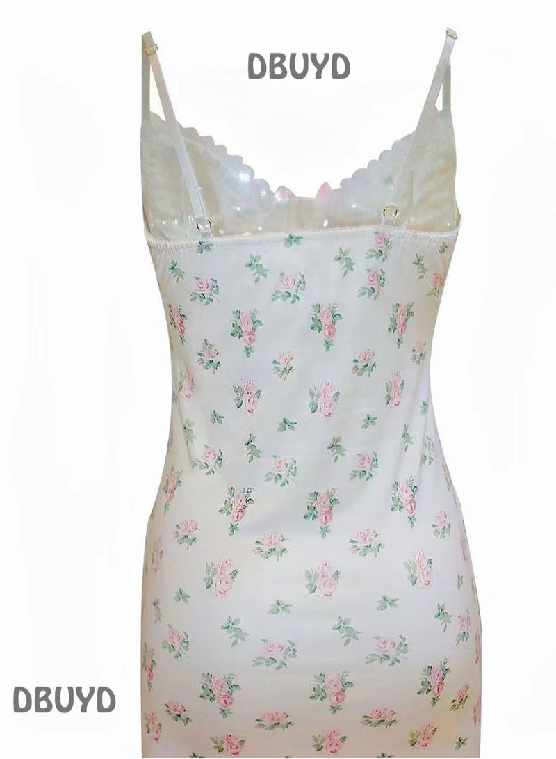 Spring Front Bow Lace Floral Cotton Slip Dress V-Neck Cute Soft Lovely Babydoll Full Slip Sleepwear For Women - Image 2