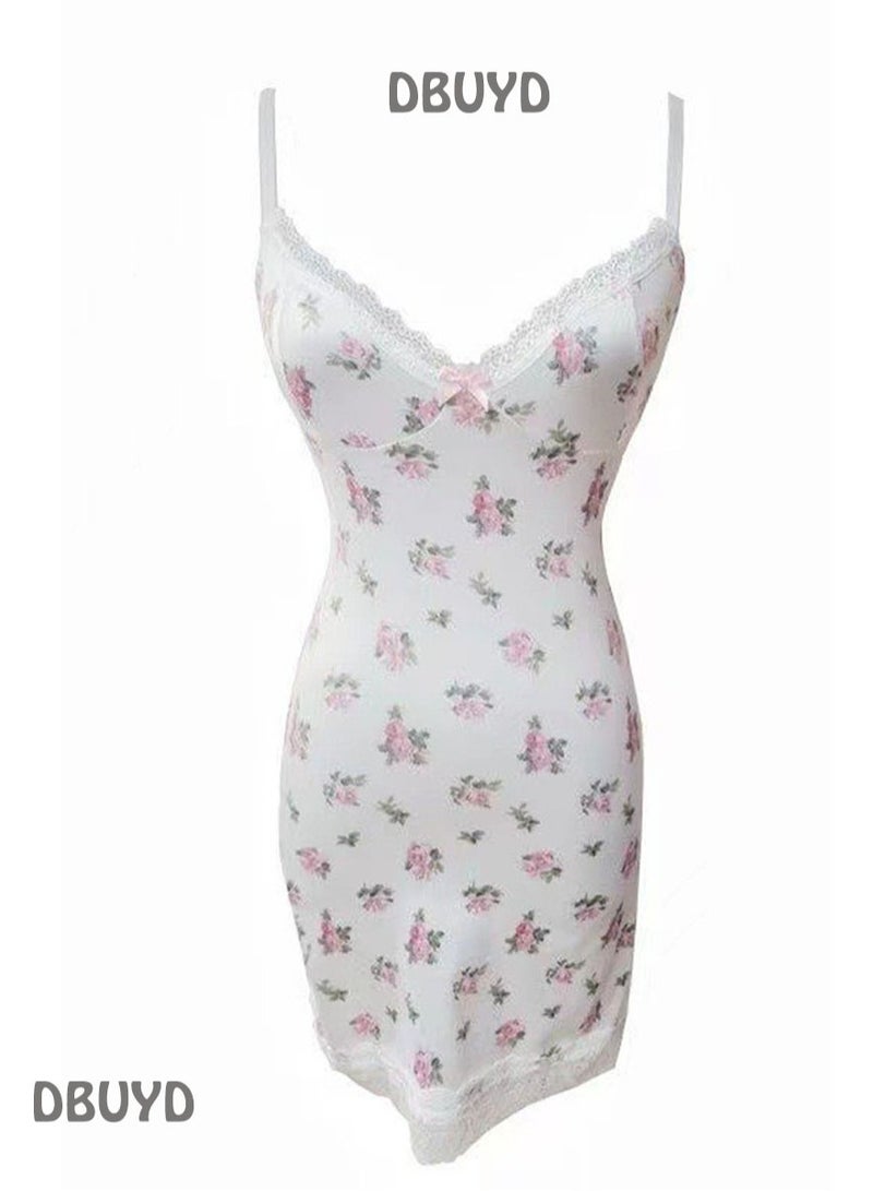 Spring Front Bow Lace Floral Cotton Slip Dress V-Neck Cute Soft Lovely Babydoll Full Slip Sleepwear For Women - Image 1