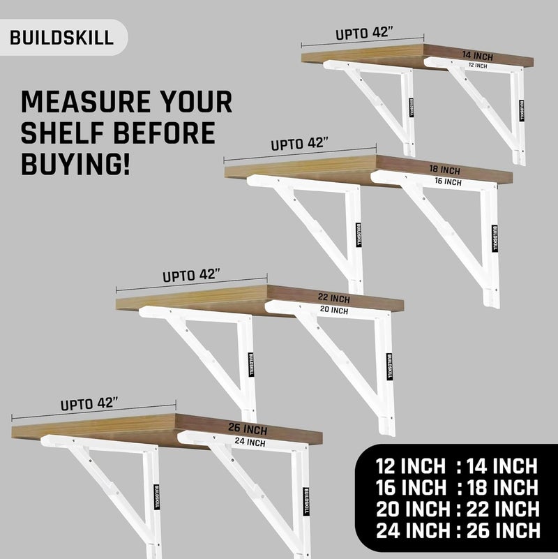 BUILDSKILL 24 inches High Capacity Folding Shelf Bracket - Versatile, Wall Mounted, Heavy-Duty Foldable Study Table & Shelf - Easy Install, Space Saving Design for Shops & Home (DA White) - Set of 2 - Image 2