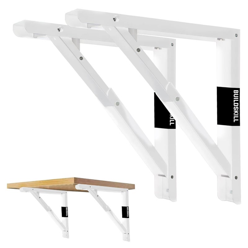 BUILDSKILL 24 inches High Capacity Folding Shelf Bracket - Versatile, Wall Mounted, Heavy-Duty Foldable Study Table & Shelf - Easy Install, Space Saving Design for Shops & Home (DA White) - Set of 2 - Image 1