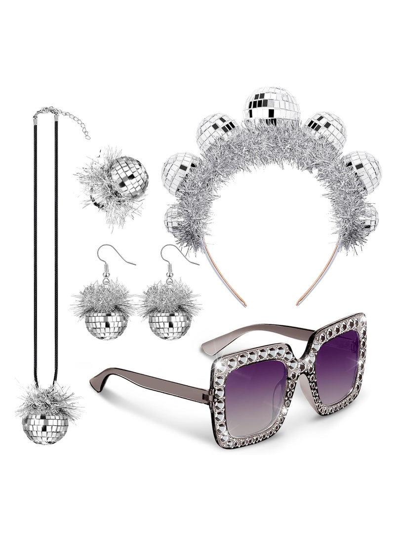 Captaintech 1970s Vintage Disco Ball Headpieces Party Costume Set, 5 Pcs 70s Accessories for Women, Includes Earrings, Headband, Ring, Sunglasses and More  - Image 1