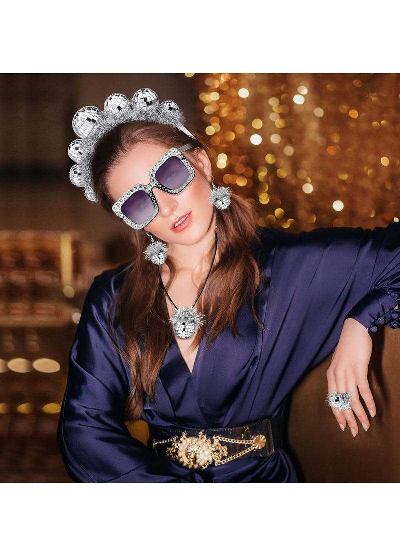 Captaintech 1970s Vintage Disco Ball Headpieces Party Costume Set, 5 Pcs 70s Accessories for Women, Includes Earrings, Headband, Ring, Sunglasses and More  - Image 4