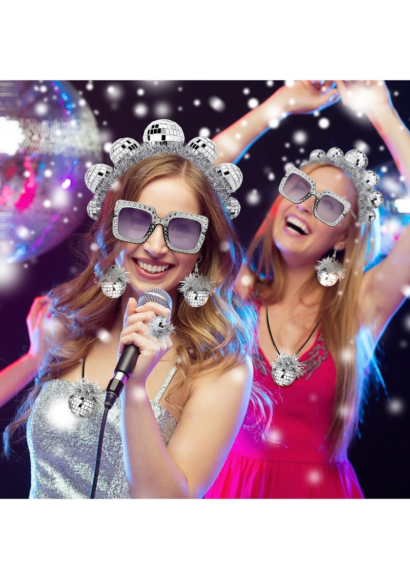 Captaintech 1970s Vintage Disco Ball Headpieces Party Costume Set, 5 Pcs 70s Accessories for Women, Includes Earrings, Headband, Ring, Sunglasses and More  - Image 5