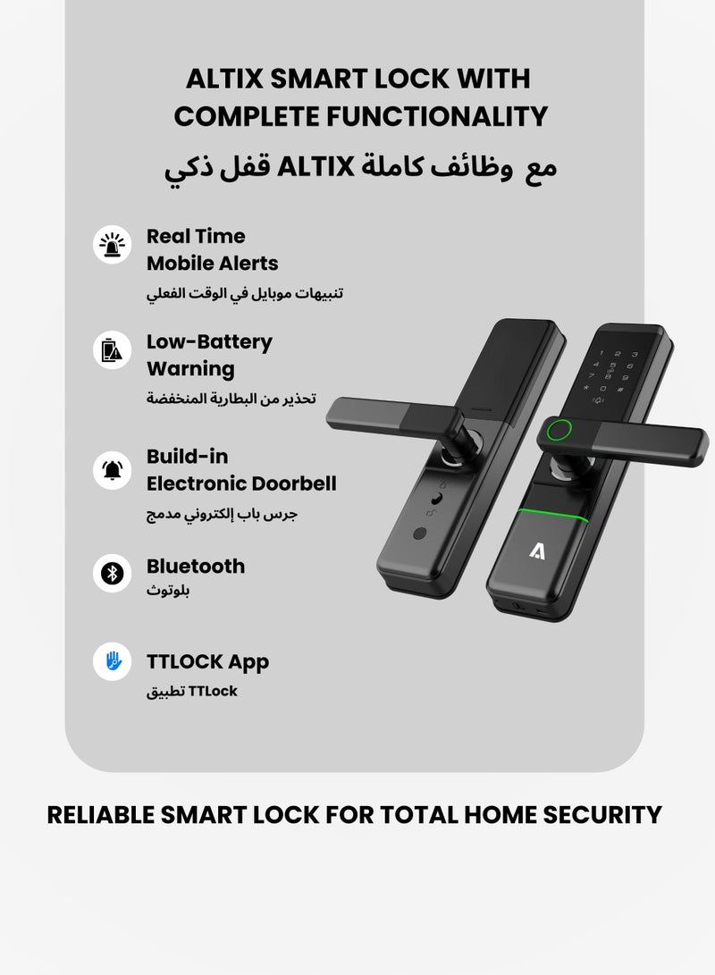 التاكس قفل باب ذكي Altix R5 مع تطبيق TTLock – دخول بدون مفتاح بخمس طرق (بصمة، رمز مرور، بطاقة RFID، مفتاح ميكانيكي)، تصميم أنيق وعصري للمنازل والمكاتب والشقق (أسود، إصدار جديد بتطبيق TTLock) - Image 3