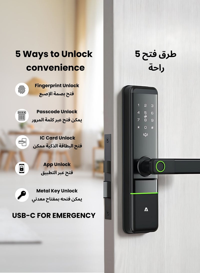 التاكس قفل باب ذكي Altix R5 مع تطبيق TTLock – دخول بدون مفتاح بخمس طرق (بصمة، رمز مرور، بطاقة RFID، مفتاح ميكانيكي)، تصميم أنيق وعصري للمنازل والمكاتب والشقق (أسود، إصدار جديد بتطبيق TTLock) - Image 2