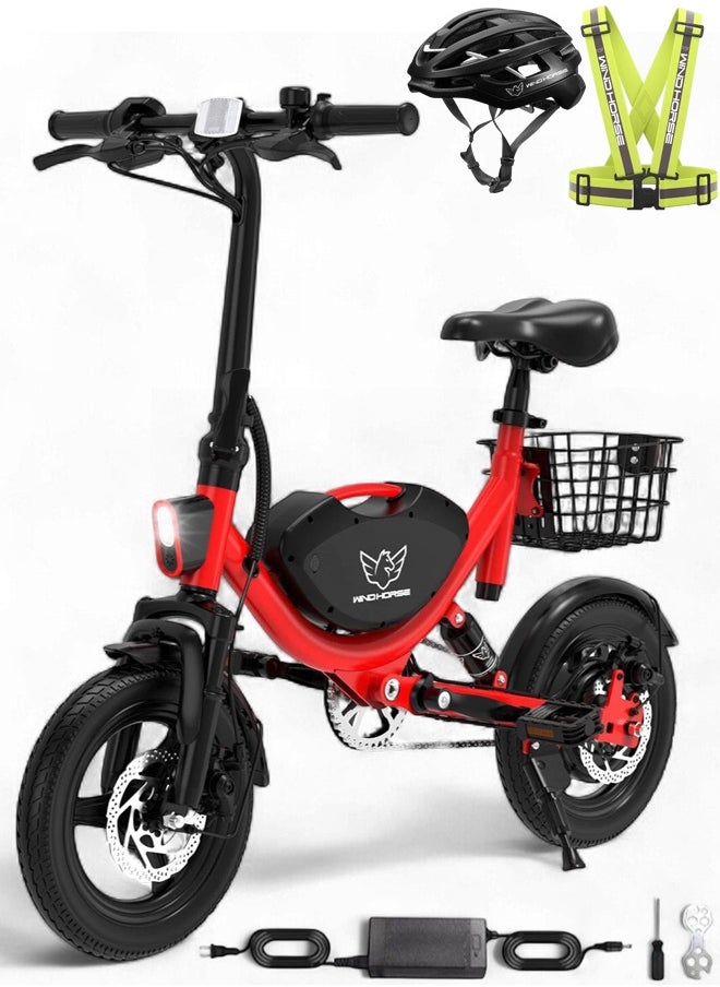 Wind Horse Foldable Electric Bike for Adults 500W Brushless Hub Motor, 35 KMH Max Speed, 19-35 KM Range with 36V 8AH Battery, 14 Inches Tires with Dual Suspension and Disc Brakes, Lightweight Carbon Alloy Frame, Urban Commuter E-Bike with Basket for Easy Storage and Transport  - Image 1