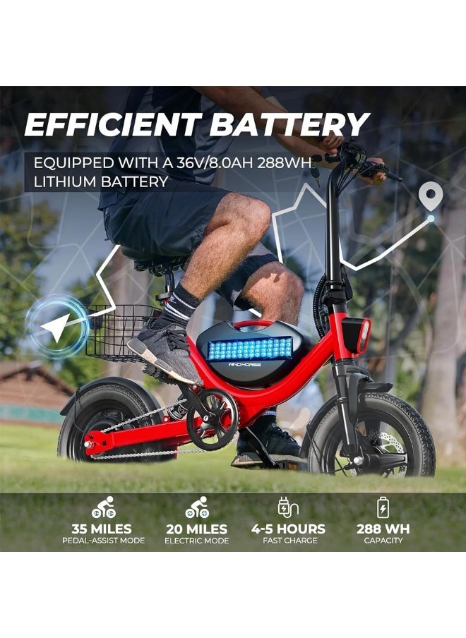 Wind Horse Foldable Electric Bike for Adults 500W Brushless Hub Motor, 35 KMH Max Speed, 19-35 KM Range with 36V 8AH Battery, 14 Inches Tires with Dual Suspension and Disc Brakes, Lightweight Carbon Alloy Frame, Urban Commuter E-Bike with Basket for Easy Storage and Transport  - Image 5