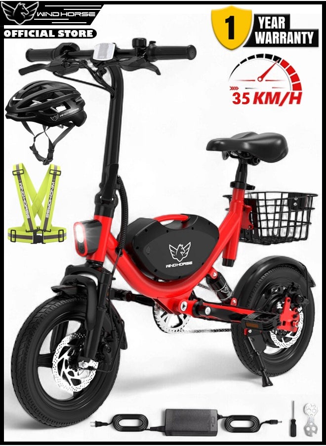 Wind Horse Foldable Electric Bike for Adults 500W Brushless Hub Motor, 35 KMH Max Speed, 19-35 KM Range with 36V 8AH Battery, 14 Inches Tires with Dual Suspension and Disc Brakes, Lightweight Carbon Alloy Frame, Urban Commuter E-Bike with Basket for Easy Storage and Transport  - Image 1