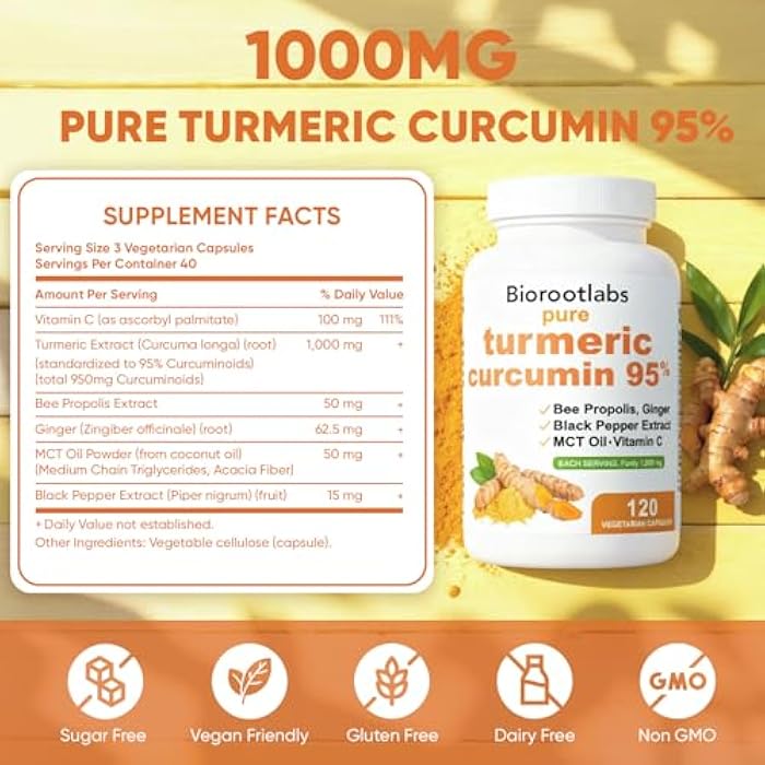 Awjsde Biorootlabs Turmeric Curcumin Supplement 1000mg, Biorootlabs Pure Turmeric Curcumin 95, 6-in-1 Turmeric Curcumin Capsules with Bee Propolis, Ginger, Mct Oil, Fat Soluble Vitamin C & Black Pepper (2) - Image 2