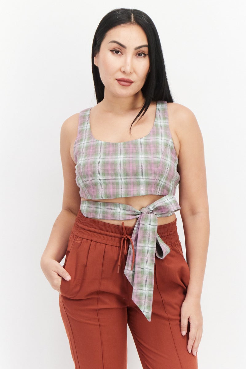 Lola May بلوزة نسائية بقصة على شكل حرف U مع حزام حول الخصر، مزخرفة بمربعات، بنفسجي - Image 1