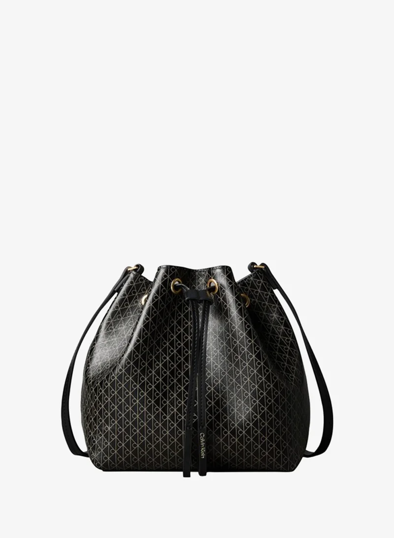 Coated Emblem Print Drawstring Bucket Bag
