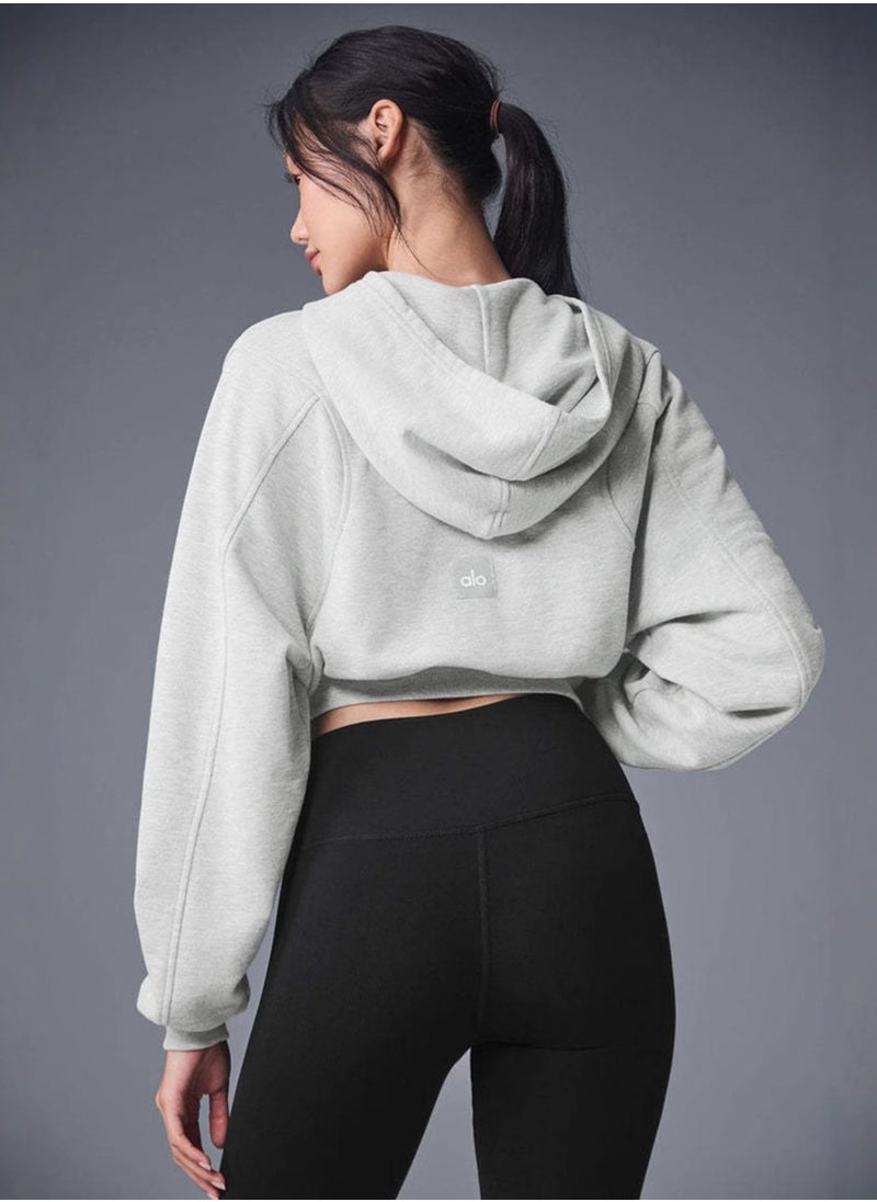 alo - alo short zipper women's hoodie, spring and autumn high-waisted slimming sports jacket with cap - Image 1