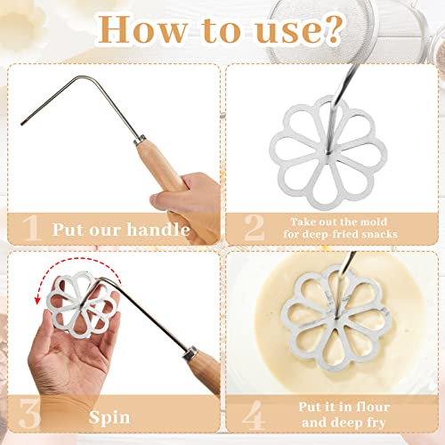 Patelai 3 Sets Rosette Iron Bunuelos Mold with Handle Achappam Mold Rosette Iron with 3 Interchangeable Heads Cookie Bunuelos Tool Timbale Aluminum Waffle Molds Star Flower Circle for Kitchen Baking Cooking - Image 3