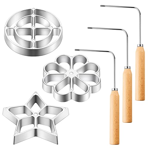 Patelai 3 Sets Rosette Iron Bunuelos Mold with Handle Achappam Mold Rosette Iron with 3 Interchangeable Heads Cookie Bunuelos Tool Timbale Aluminum Waffle Molds Star Flower Circle for Kitchen Baking Cooking - Image 1