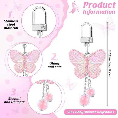 Loetere 25 Set Baby Shower Favors for Guests Butterfly Keychain Bulk Thank You Cards Bag Baby Shower Return Gifts (Pink) - Image 2