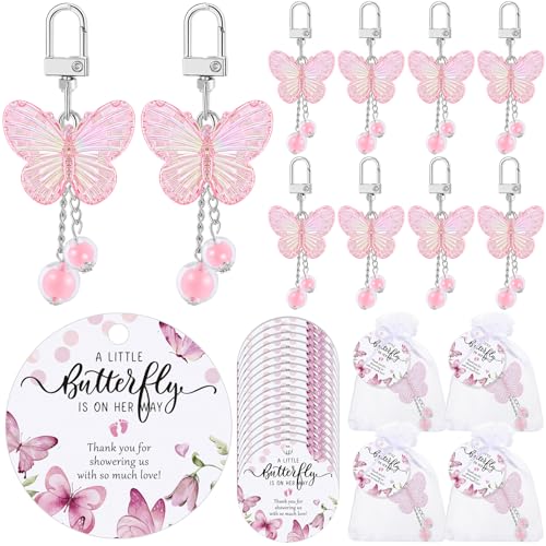 Loetere 25 Set Baby Shower Favors for Guests Butterfly Keychain Bulk Thank You Cards Bag Baby Shower Return Gifts (Pink) - Image 1