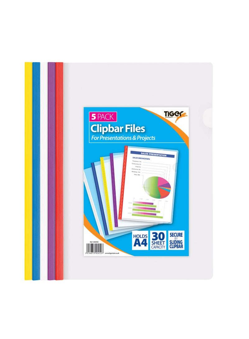 TIGER A4 Filing, Clipbar Files Pack 5 30 Sheet capacity, For use with unpunched paper Easy opening thumb notch Assorted coloured clipbars - Image 1