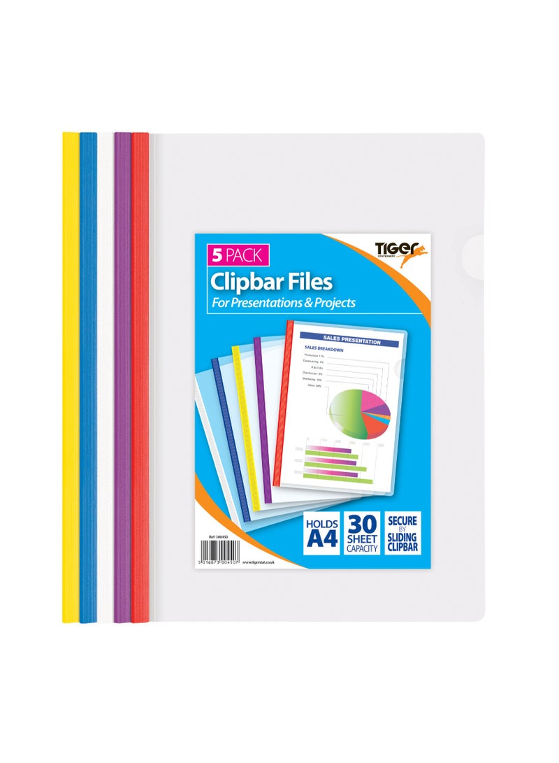 TIGER A4 Filing, Clipbar Files Pack 5 30 Sheet capacity, For use with unpunched paper Easy opening thumb notch Assorted coloured clipbars - Image 2
