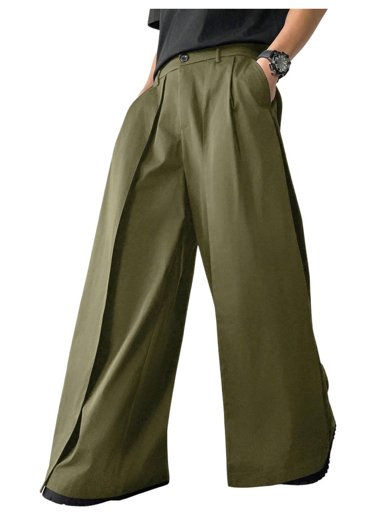OYOANGLE Men's Baggy Wide Leg Pants Zipper Fly Pleated Trousers Business Casual Dress Pants with Pocket Army Green Medium - Image 1