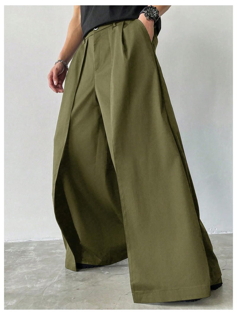 OYOANGLE Men's Baggy Wide Leg Pants Zipper Fly Pleated Trousers Business Casual Dress Pants with Pocket Army Green Medium - Image 4