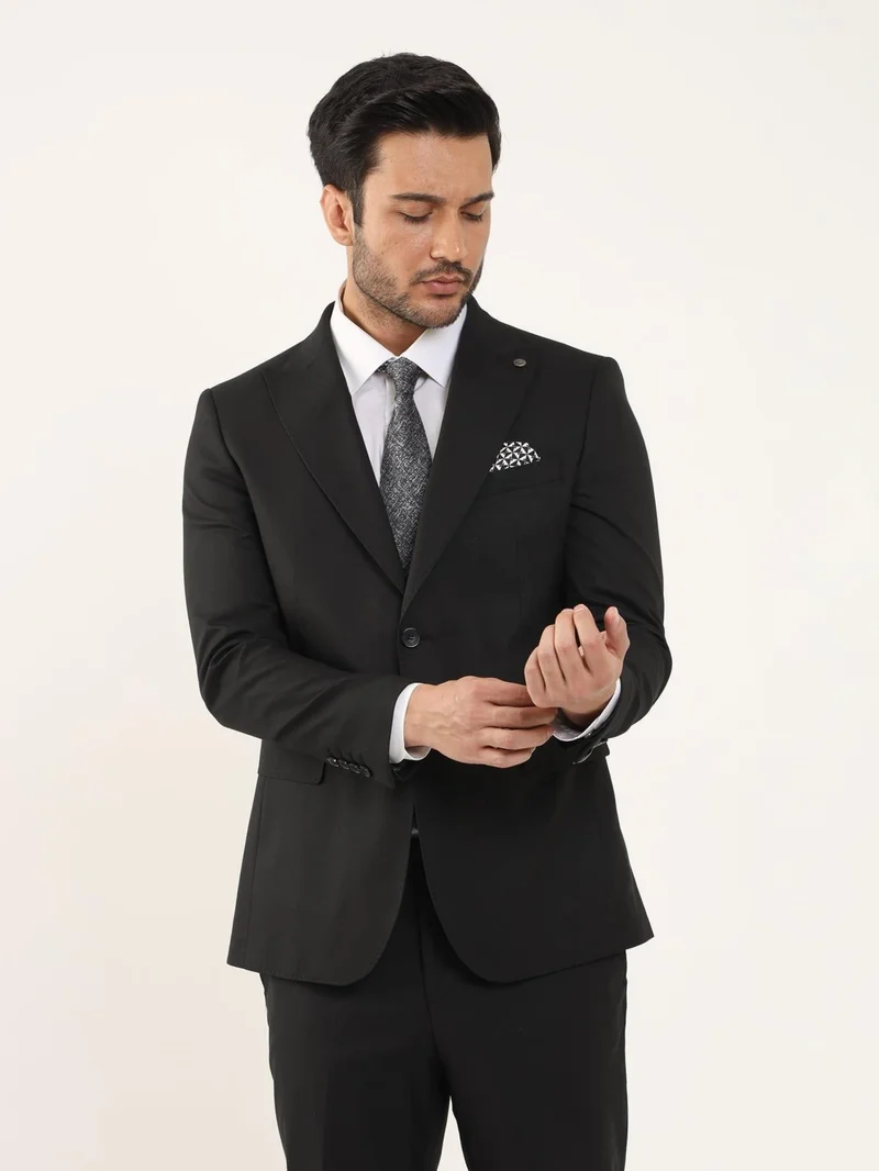 دوفي Black Men's Regular Fit Plain Mono Collar Suit - 106904