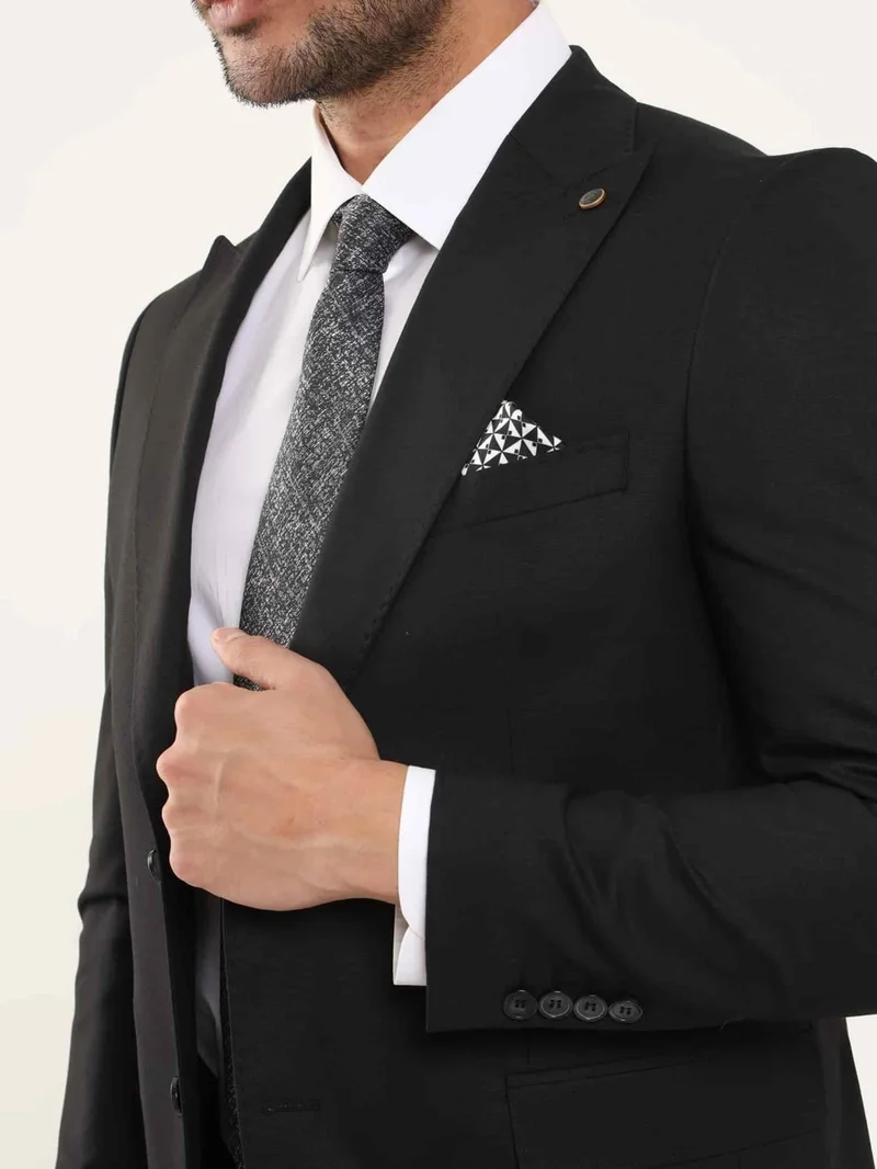دوفي Black Men's Regular Fit Plain Mono Collar Suit - 106904