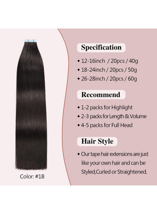 Sunya Tape in Hair Extensions Human Hair 18 inches Silky Straight Remy Human Hair Seamless Skin Weft Tape in Human Hair Extensions 18 inches #1B Natural Black 50 Gram 20Pcs/Pack - Image 2