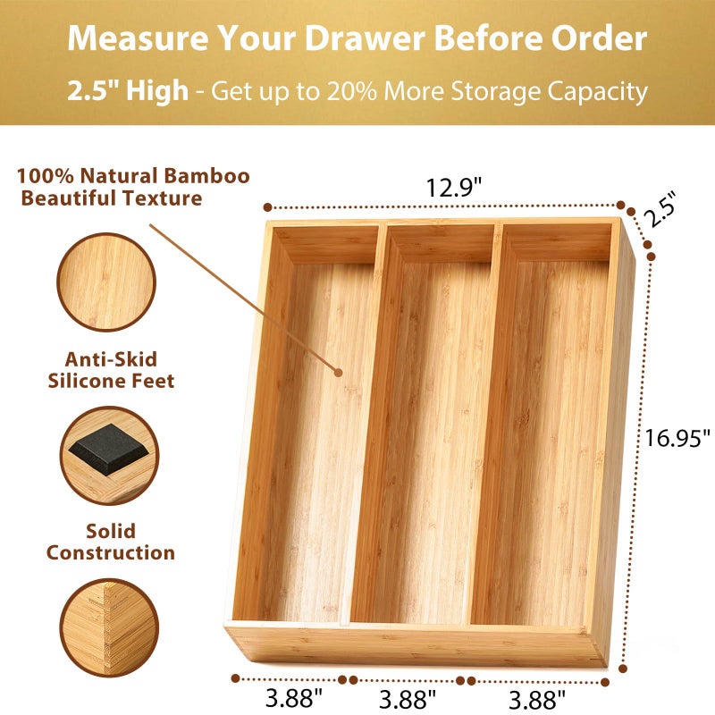 Umilife Bamboo Kitchen Utensils Organizer, 13 Inch Drawer Dividers for Silverware, Extra Deep Holder, with Non-Slip Feet, Wood Caddy for Flatware Cutlery - Image 2