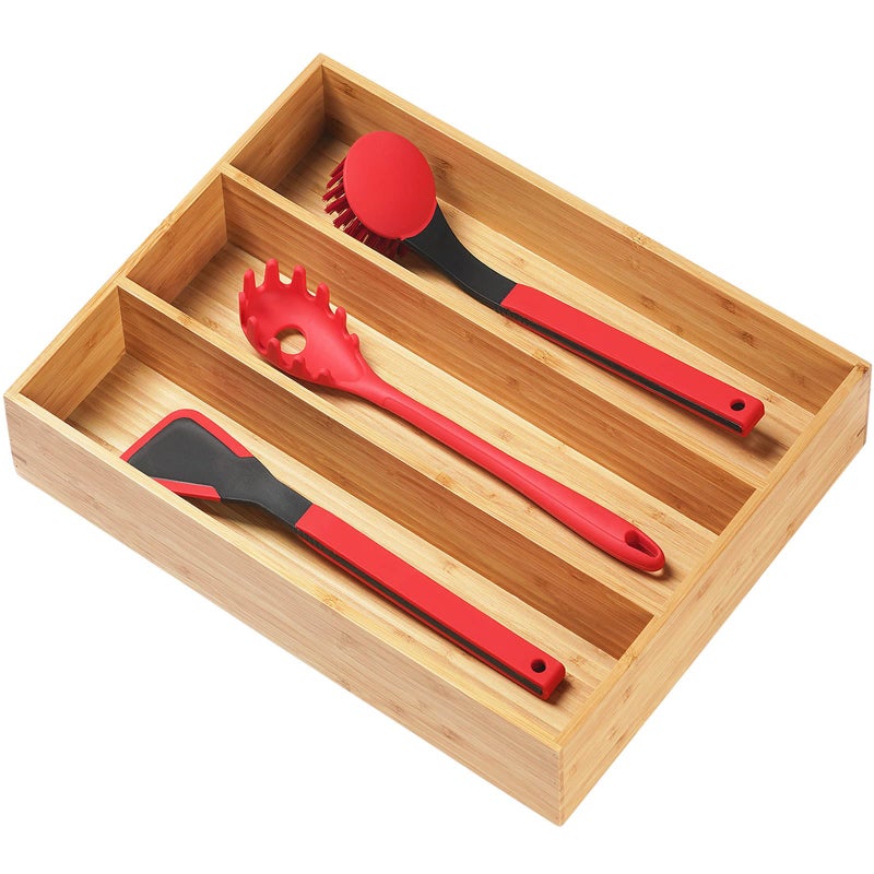 Umilife Bamboo Kitchen Utensils Organizer, 13 Inch Drawer Dividers for Silverware, Extra Deep Holder, with Non-Slip Feet, Wood Caddy for Flatware Cutlery - Image 1