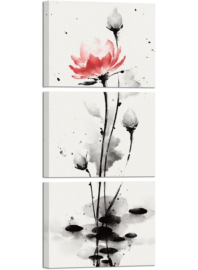 Home Trove Sechars Traditional Chinese Painting Watercolor Lotus Flowers Canvas Prints Zen Water Lily Art Pictures Decor (Red)  - Image 1