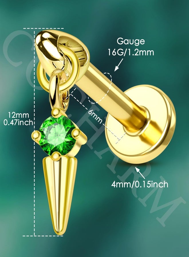 كوتشارم مجوهرات ثقب الحلزون العمودي من كوشارم، مقاس 16G، مطلية بالذهب، بتصميم رصاصة، وظهر مسطح، وحلق متدلي بنقطة مدببة، مرصع بزمرد زركونيا مكعب، مطلي بالذهب، مقاس 6 مم، حلق علوي حلزوني لشحمة الأذن - Image 3