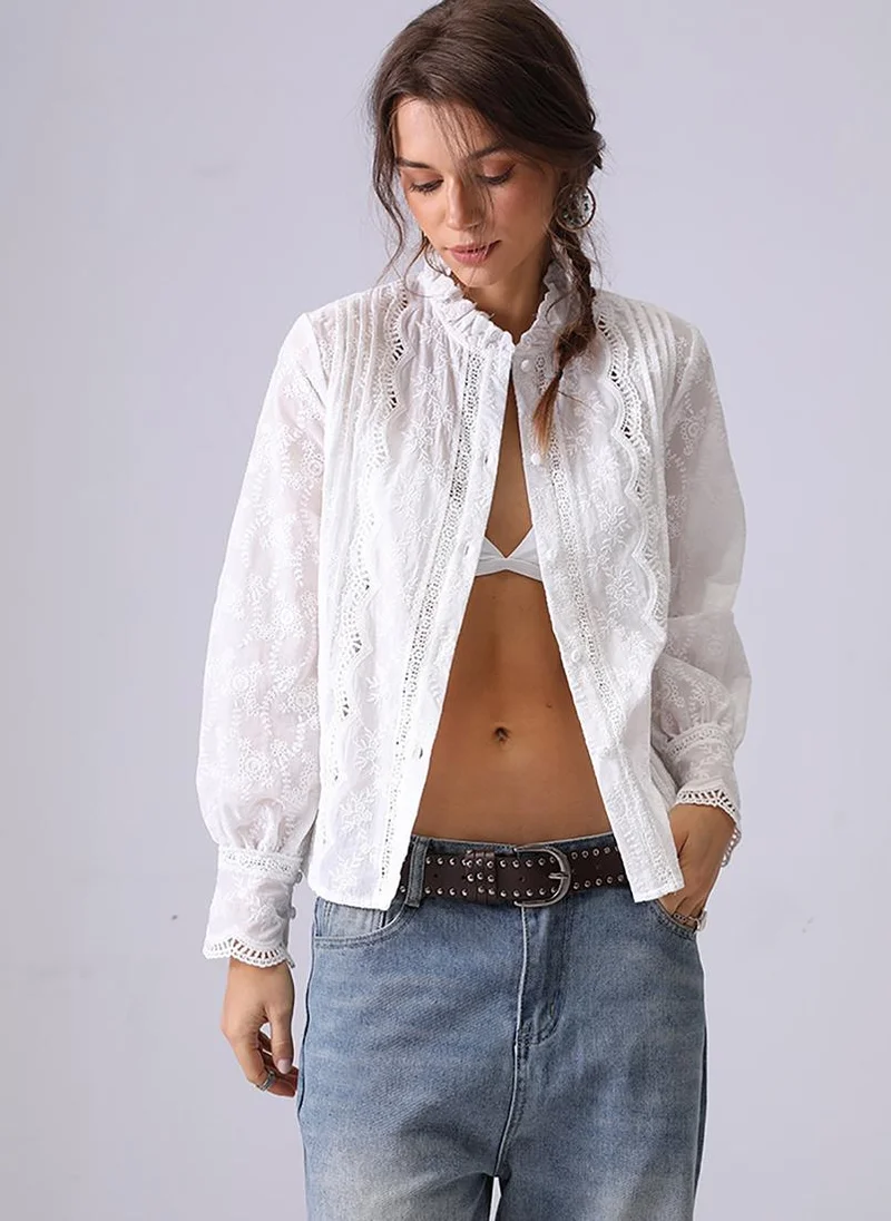 YUNIQEE Off white Band Collar Regular Sleeves Relaxed Fit Shirt