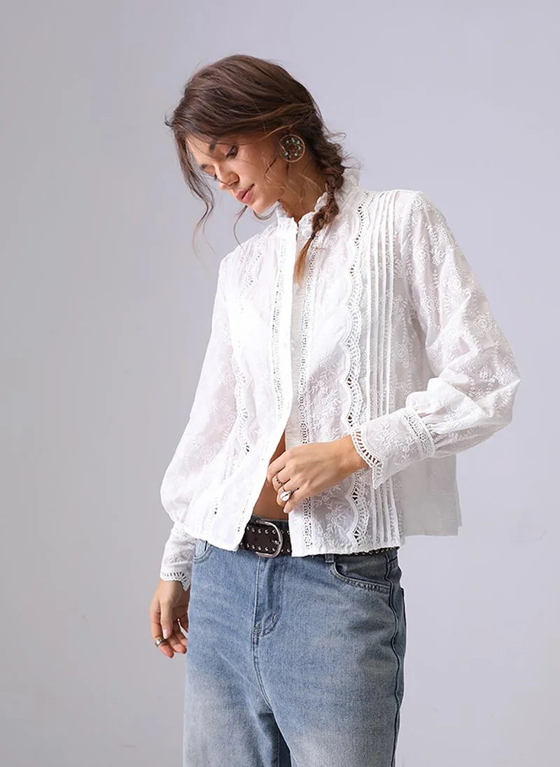 YUNIQEE Off white Band Collar Regular Sleeves Relaxed Fit Shirt
