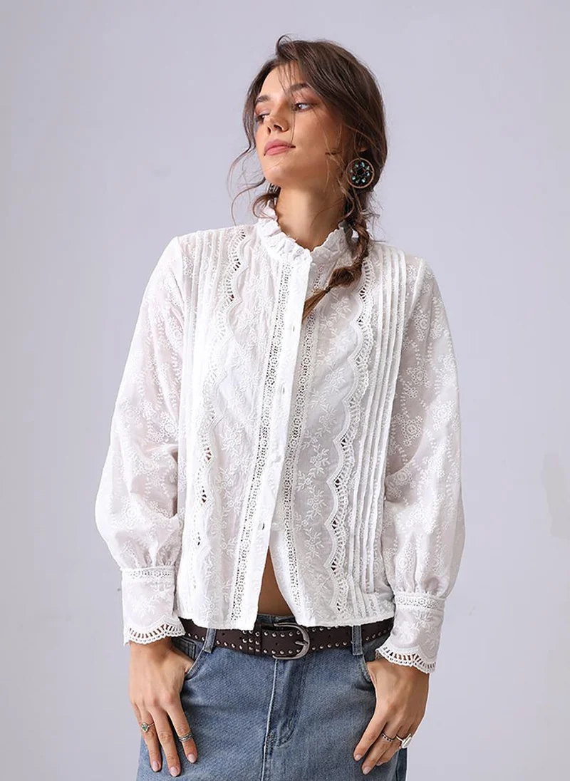 YUNIQEE Off white Band Collar Regular Sleeves Relaxed Fit Shirt