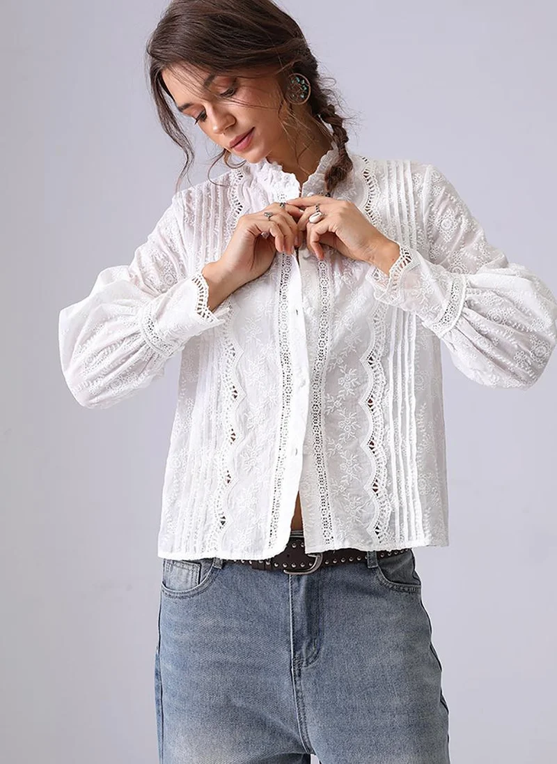 YUNIQEE Off white Band Collar Regular Sleeves Relaxed Fit Shirt