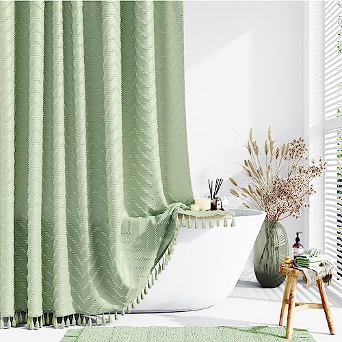 Dynamene Boho Farmhouse Shower Curtain Sage Green Fabric Tufted Chevron Striped Textured Tassel Shower Curtains for Bathroom Water Repellent Minimalist Cloth Shower Curtain Set with Hook 72x72