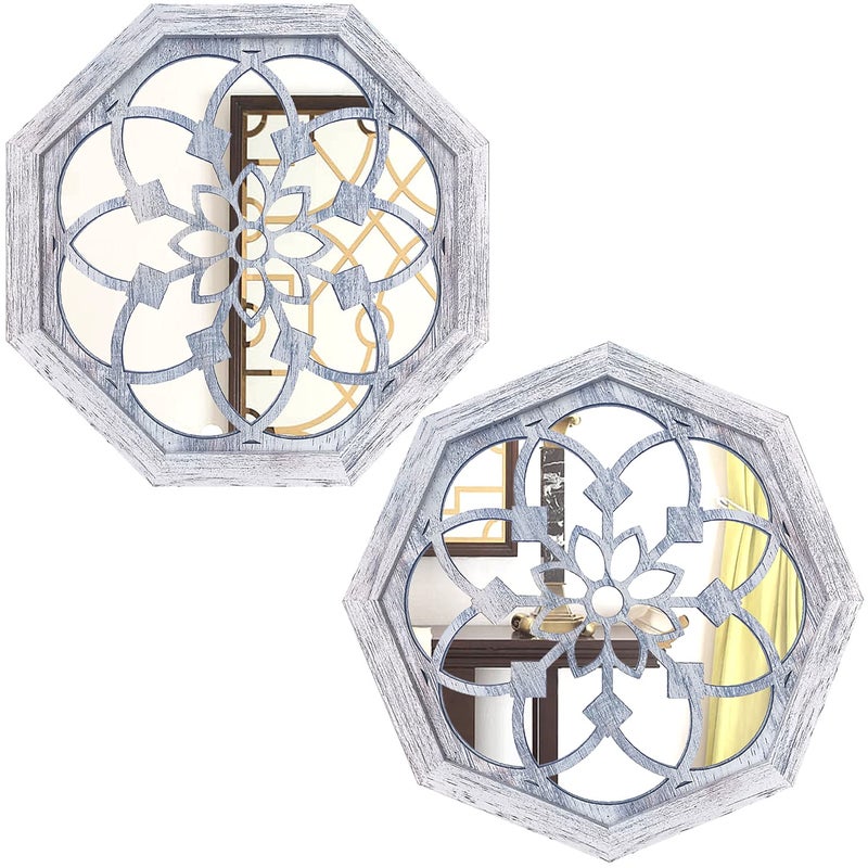 ZOLAPI 2 PCS Octagon WallMounted MirrorsVintage Farmhouse Mirror for Wall DecorRustic White Color Decorative Accent Mirror for Foyer Bathroom Bedroom 12x12