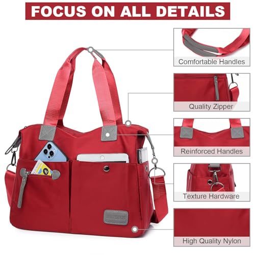 YouNuo Women Tote Bag with Multi Pockets and Zipper, Large Shoulder Handbag Stylish Nylon Tote Handbag for Women Fashion Cross body Purse Messenger Bag for Work,Travel (Red) - Image 3