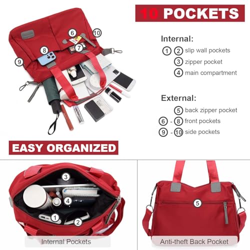 YouNuo Women Tote Bag with Multi Pockets and Zipper, Large Shoulder Handbag Stylish Nylon Tote Handbag for Women Fashion Cross body Purse Messenger Bag for Work,Travel (Red) - Image 5